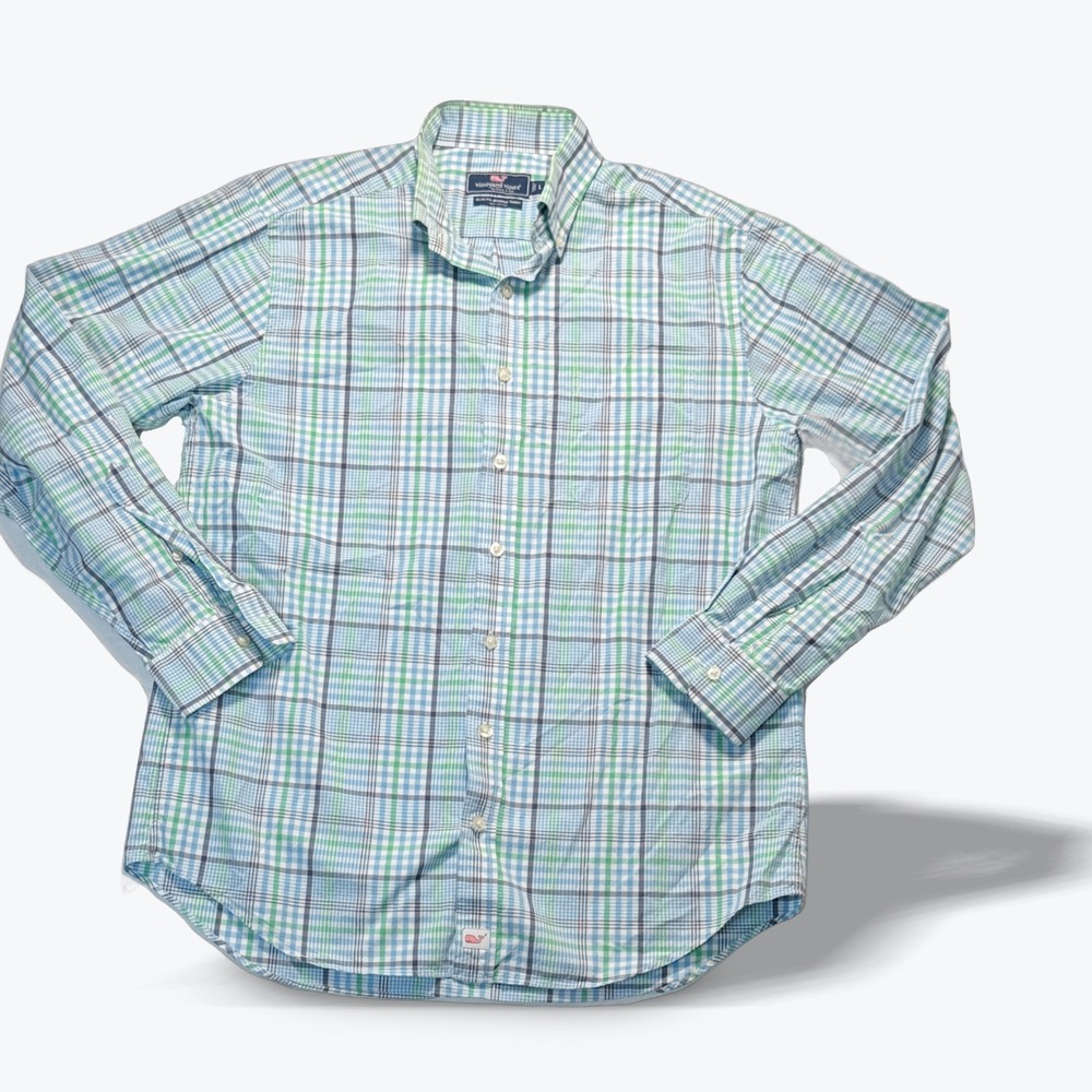 Vineyard Vines Plaid Button Down Shirt Mens Large Slim Fit Murray Blue Green